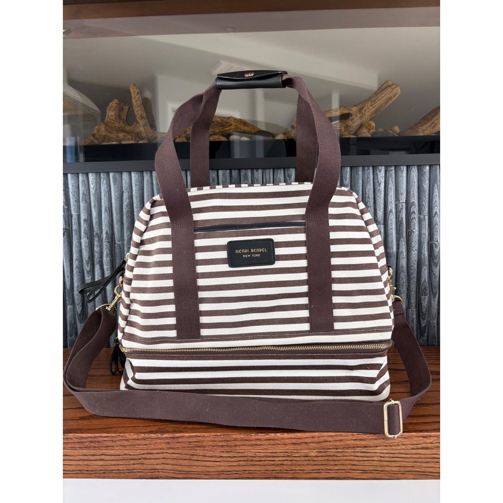 Henri Bendel Brown Rare White Striped Canvas Travel Weekend Bag Two Tier Duffle
